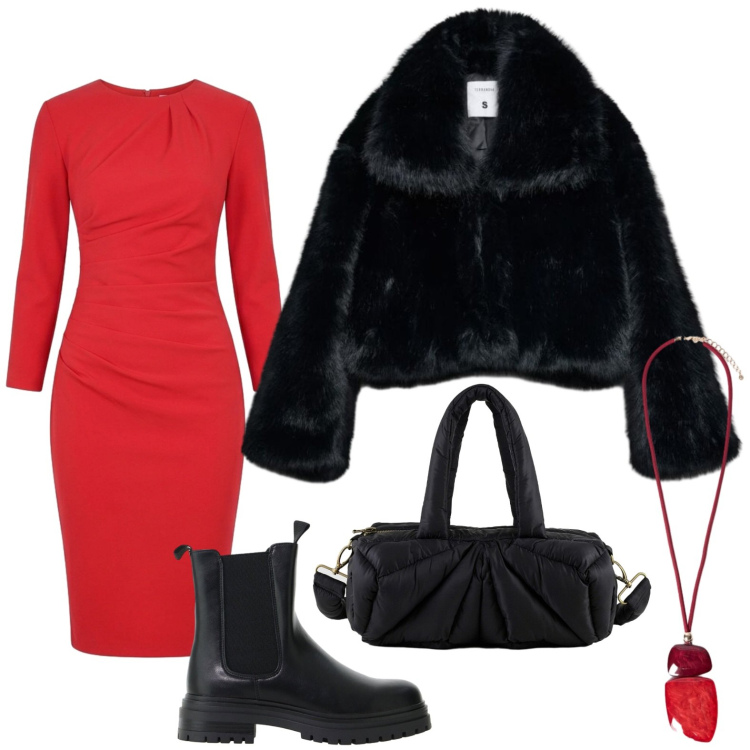 Outfit donna - Look da città. Stile Glamour per Tutti i giorni. Abbinamento con stivaletti chelsea, ciondoli, vestiti midi/longuette, borse a mano, blazer.