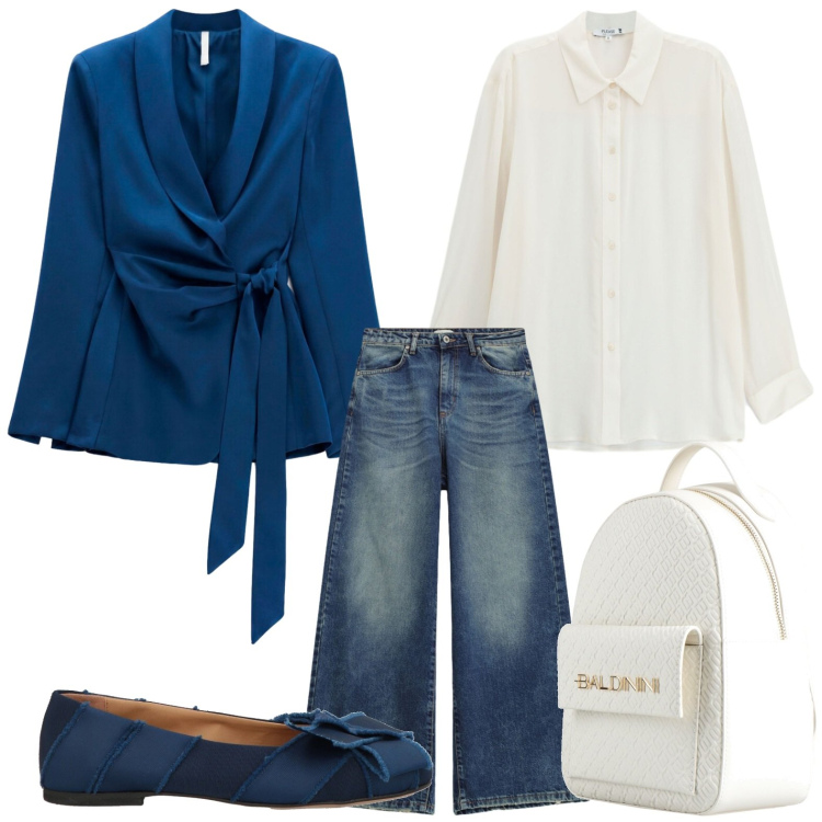 Outfit donna - Blazer avvolgente. Stile Glamour per Tutti i giorni. Abbinamento con blazer, camicie, jeans, zaini, ballerine.