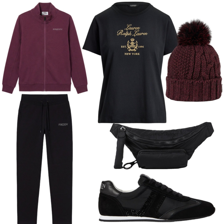 Outfit donna - Comoda in tuta. Stile Casual per Tutti i giorni. Abbinamento con marsupi, tute, t-shirt, sneakers, berretti.