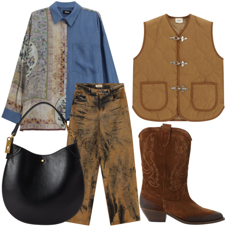 Outfit donna - Stile originale. Stile Casual per Tutti i giorni. Abbinamento con pochette, camicie, stivaletti texani, jeans, piumini.