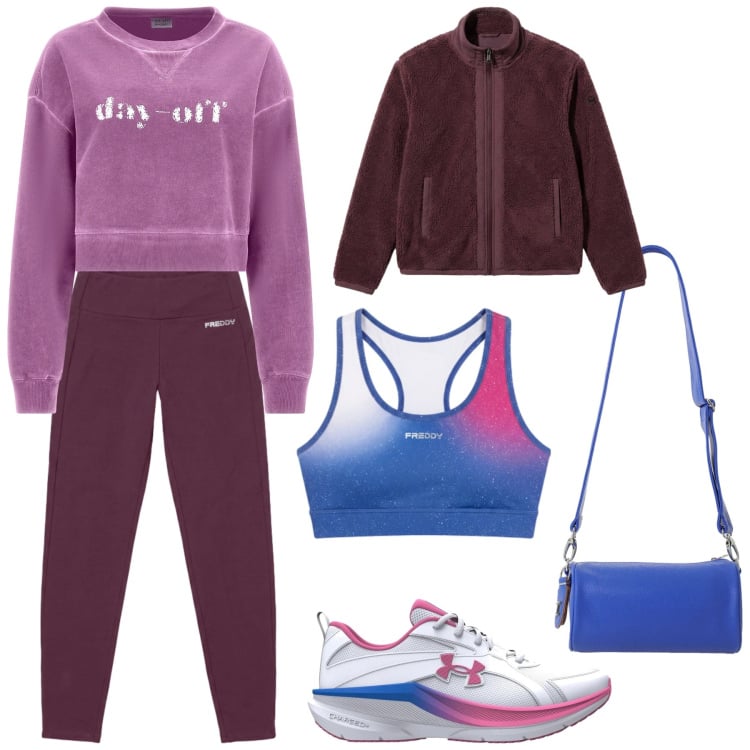 Outfit donna - Comoda e sportiva. Stile Casual per Tutti i giorni. Abbinamento con borse a tracolla, felpe, leggings, giacche sportive, top sportivi, scarpe sportive.