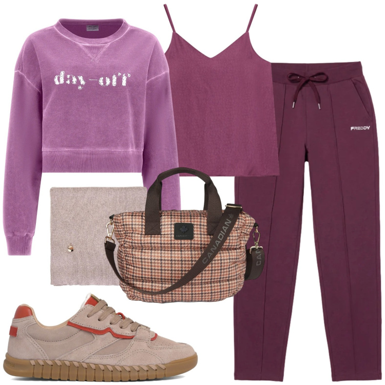 Outfit donna - Sport. Stile Casual per Sport. Abbinamento con sciarpe, top, felpe, pantaloni, borse tote, sneakers.