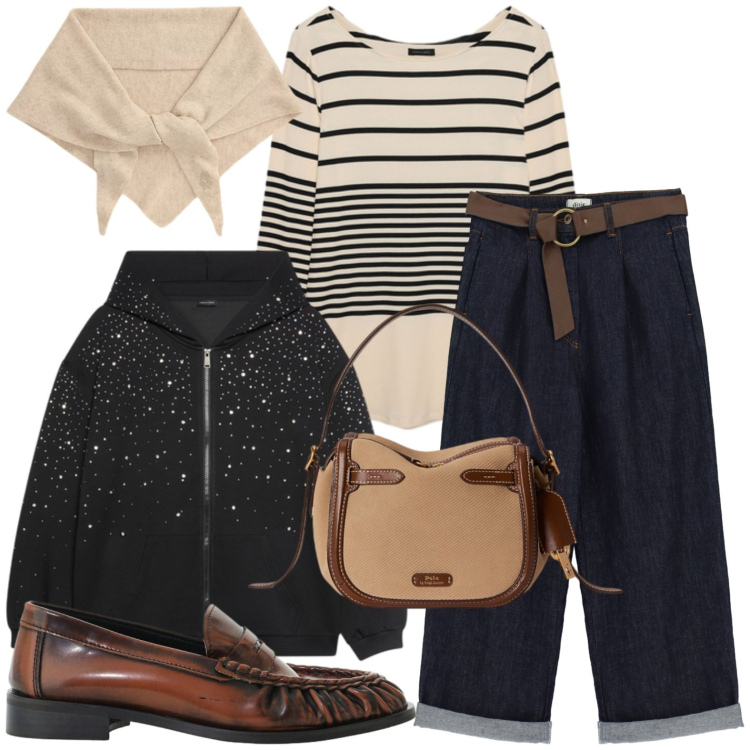 Outfit donna - Soorty in ufficio. Stile Sporty chic per Ufficio. Abbinamento con mocassini, felpe con cappuccio, t-shirt, borse a mano, sciarpe, jeans.