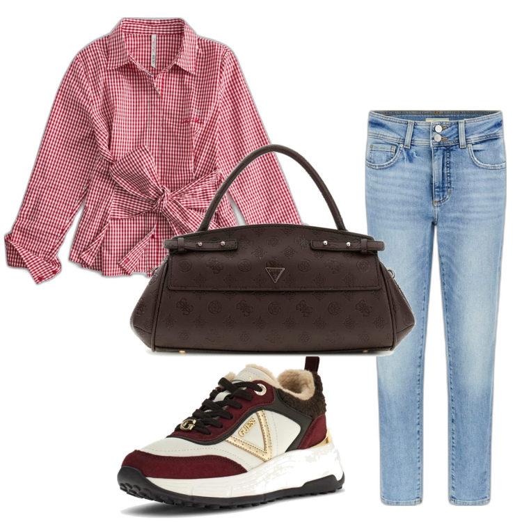 Outfit mujer - Casual. Estilo Casual para Todos los días. Combinación con camisas, vaqueros pitillo, bolsos de mano, sneakers.