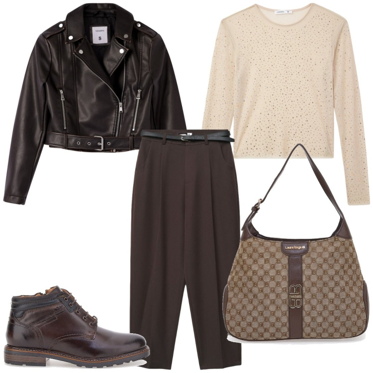 Outfit donna - Dolce autunno. Stile Chic per Ufficio. Abbinamento con pantaloni chino, giacche, maglieria, anfibi, borse a spalla.