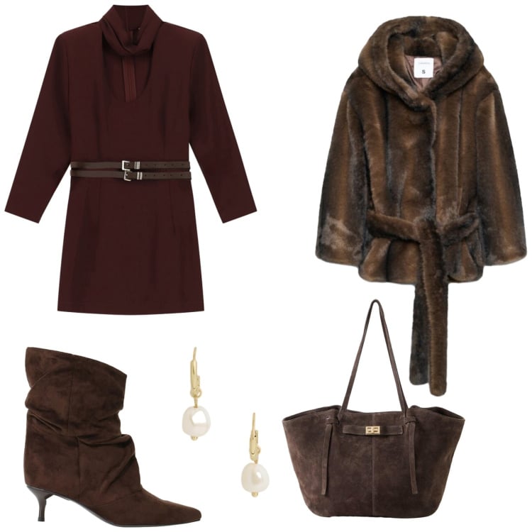 Outfit donna - Autumn. Stile Casual per Tutti i giorni. Abbinamento con shopping bag, blazer, stivali, vestiti corti, orecchini.