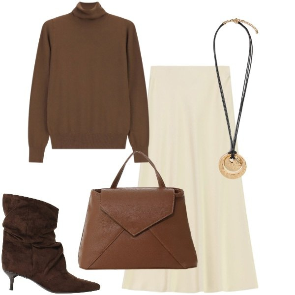 Outfit donna - Rich Espresso & Cream Warmth. Stile Basic per Ufficio. Abbinamento con ciondoli, gonne lunghe, borse a mano, stivali, pullovers.