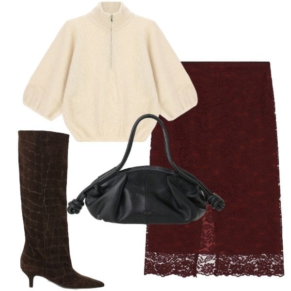 Outfit donna - Rich Espresso & Cream Warmth. Stile Trendy per Serata fuori. Abbinamento con stivali, gonne longuette, borse a mano, maglieria.