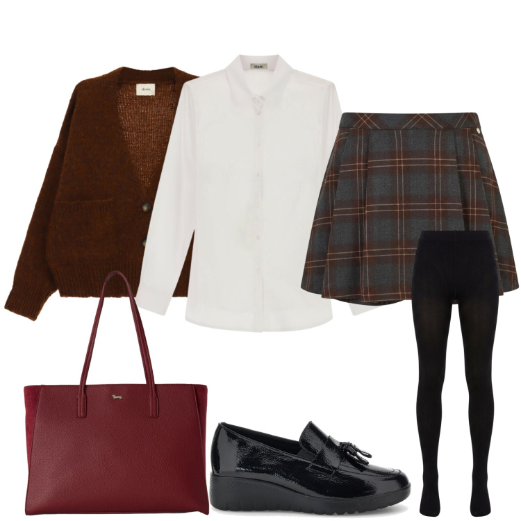 Outfit donna - Lezione di stile. Stile Preppy per Tutti i giorni. Abbinamento con shopping bag, collant, camicie, cardigans, minigonne, mocassini.