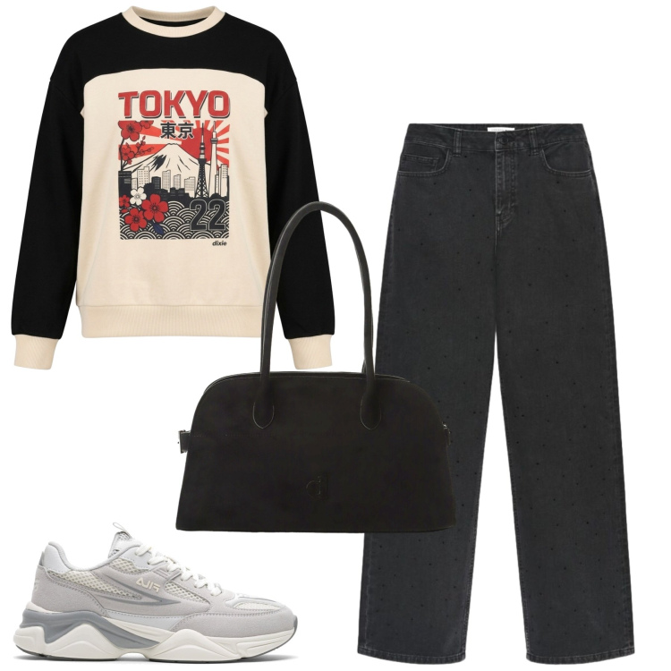 Outfit donna - Dixie Japan. Stile Casual chic per Tutti i giorni. Abbinamento con jeans, felpe, borse a spalla, sneakers.