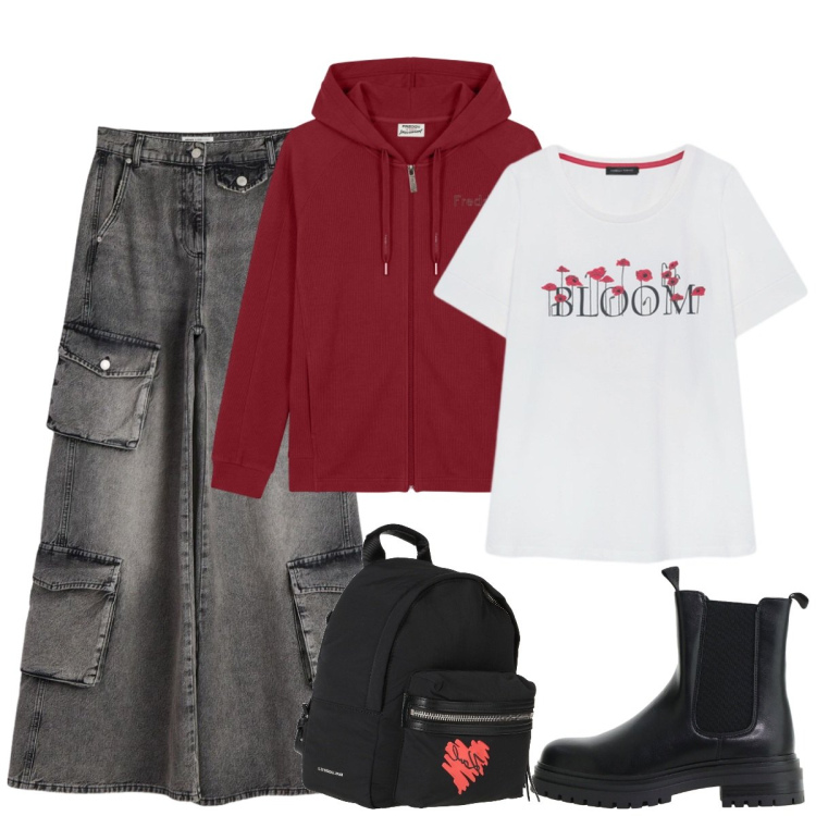 Outfit donna - Scuola. Stile Basic per Scuola/Università. Abbinamento con zaini, jeans, stivaletti chelsea, t-shirt, felpe con cappuccio.