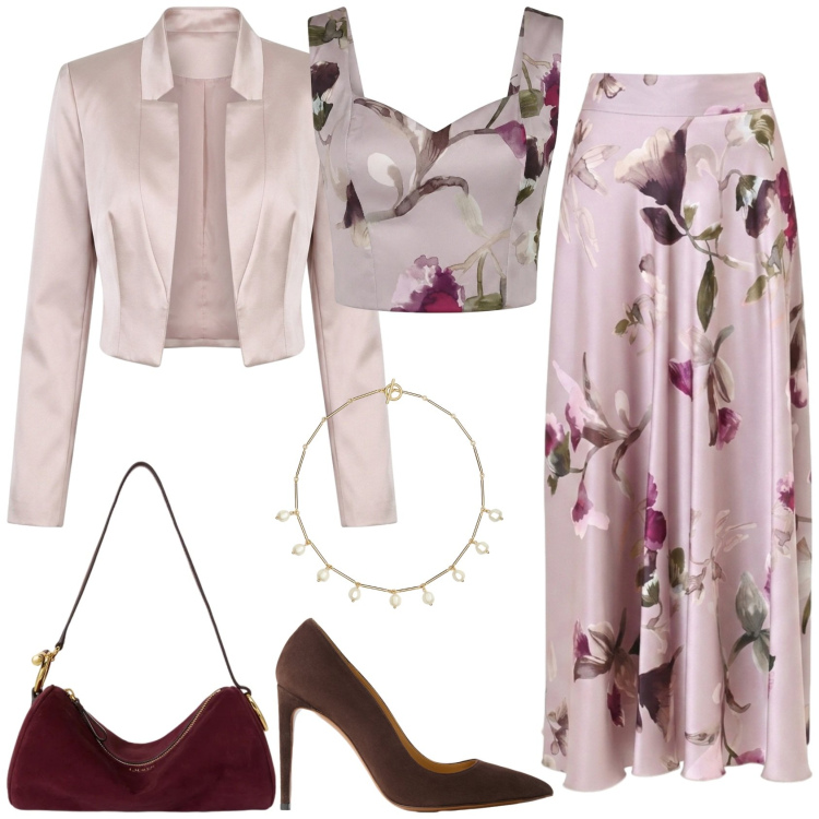 Outfit donna - Cerimonia autunnale. Stile Chic per Cerimonia. Abbinamento con borse a spalla, collane, décolleté, gonne lunghe, top, bolero.