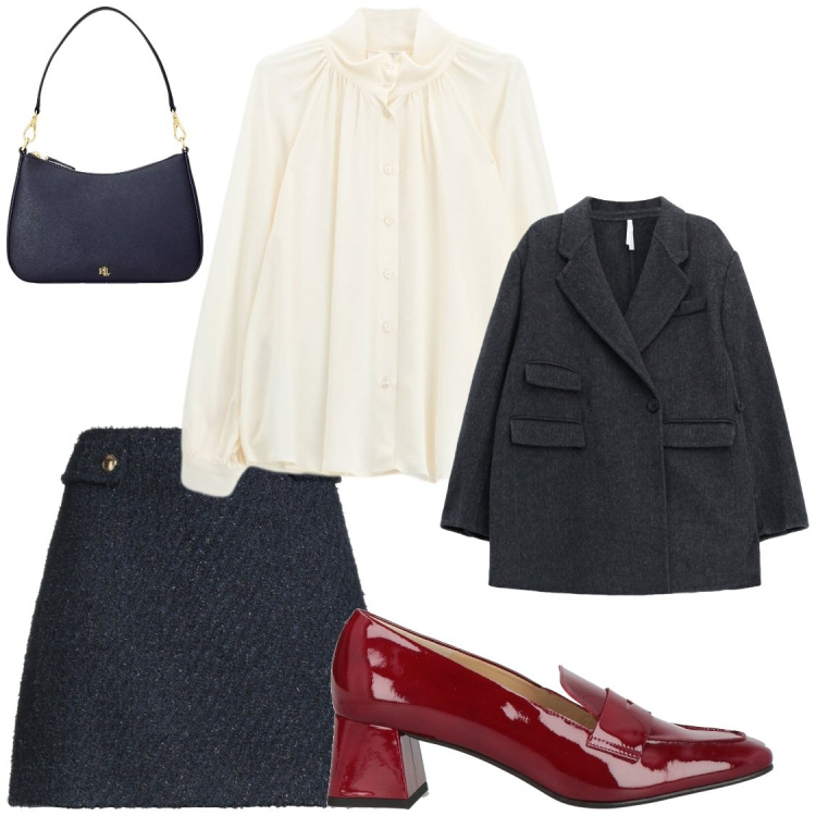 Outfit donna - Preppy mood. Stile Chic per Ufficio. Abbinamento con camicie, blazer, borse a spalla, minigonne, mocassini.