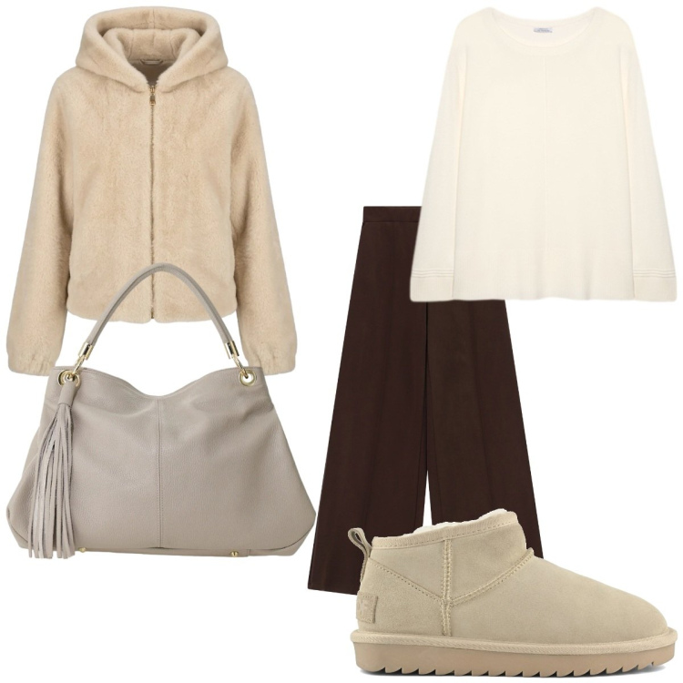 Outfit donna - Rich Espresso & Cream Warmth. Stile Casual chic per Tutti i giorni. Abbinamento con pantaloni a palazzo, borse a spalla, maglieria, blazer, stivali.
