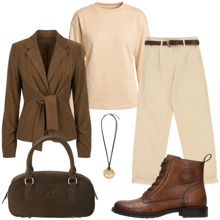 Outfit donna - Total look #2483789. Stile Casual chic per Tutti i giorni. Abbinamento con ciondoli, felpe, pantaloni, borse a mano, blazer, anfibi.