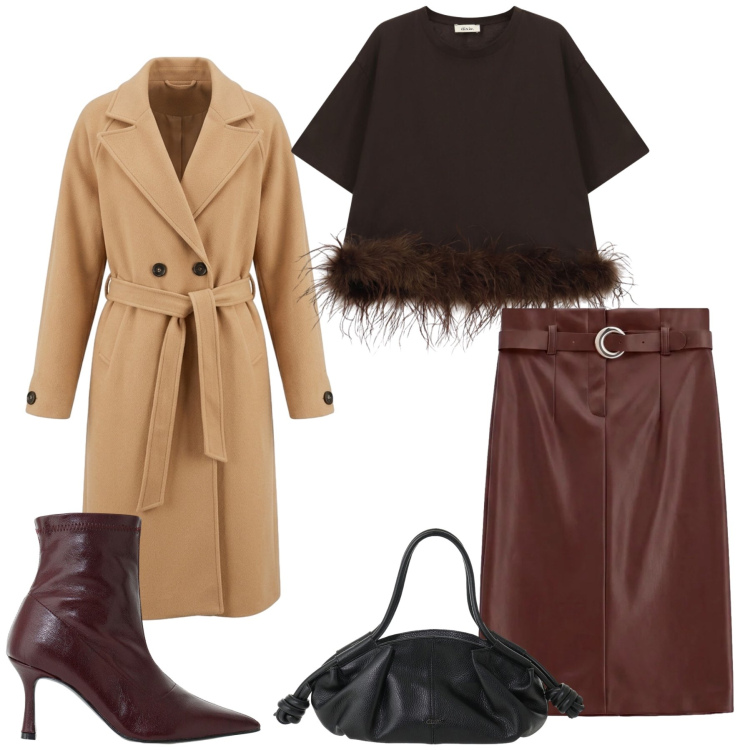 Outfit donna - Total look #2483791. Stile Chic per Tutti i giorni. Abbinamento con stivaletti, gonne longuette, borse a mano, t-shirt, cappotti.