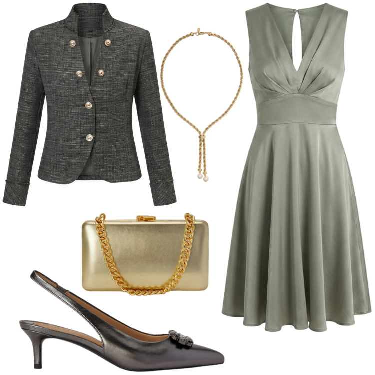 Outfit donna - Invito d'autunno. Stile Chic per Cerimonia. Abbinamento con décolleté, clutch, collane, vestiti senza maniche, blazer.