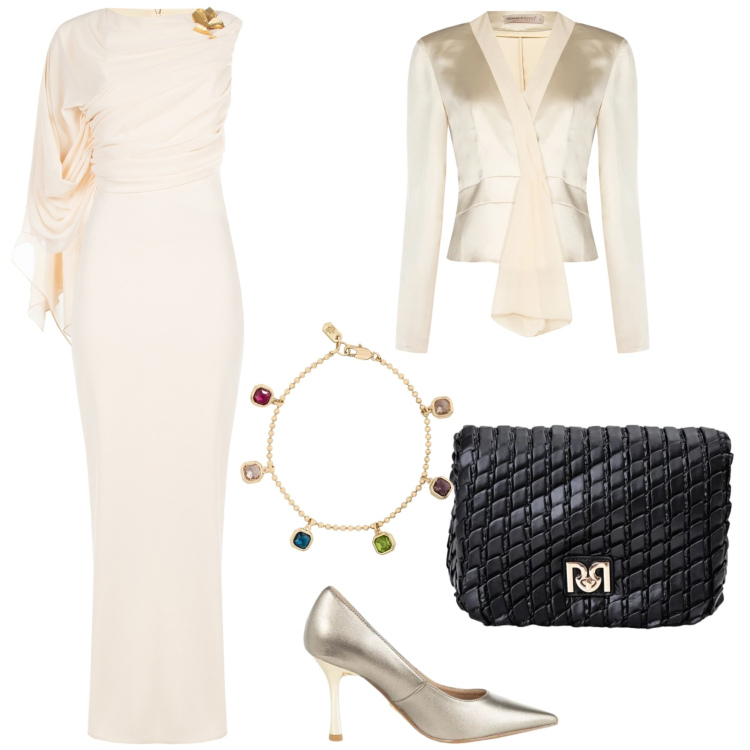Outfit donna - Nozze in autunno. Stile Glamour per Cerimonia. Abbinamento con braccialetti, borse a tracolla, décolleté, vestiti lunghi, blazer.