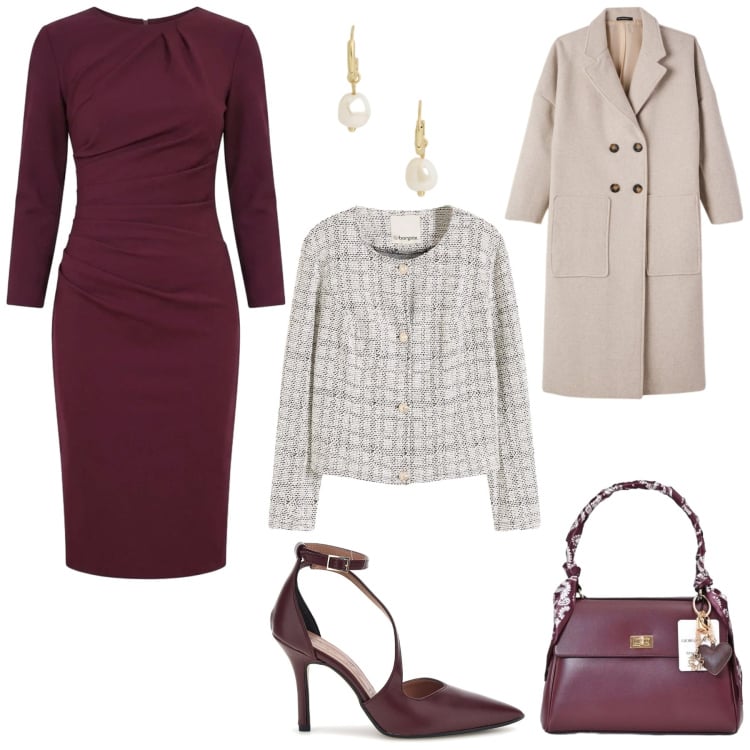 Outfit donna - Ottobre. Stile Casual chic per Cerimonia. Abbinamento con cardigans, cappotti, vestiti midi/longuette, borse a mano, orecchini, décolleté.