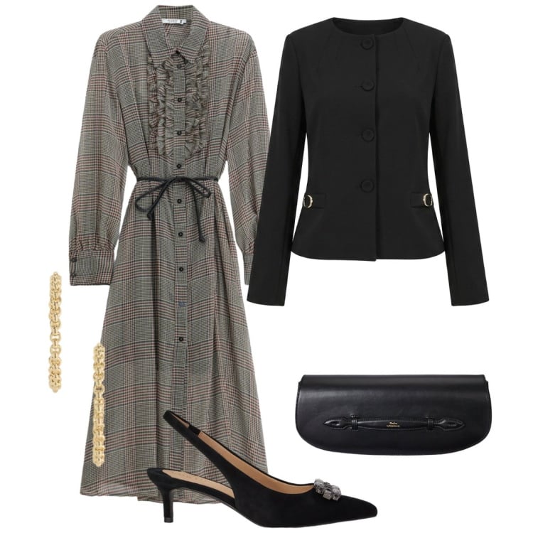 Outfit donna - Serata fuori. Stile Basic per Serata fuori. Abbinamento con blazer, vestiti midi/longuette, clutch, décolleté, orecchini.