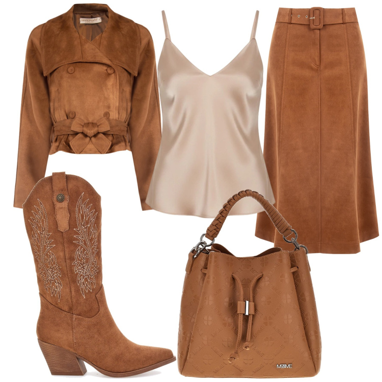 Outfit donna - Total look #2483823. Stile Glamour per Ufficio. Abbinamento con giacche, gonne longuette, top, stivaletti texani, borse a tracolla.