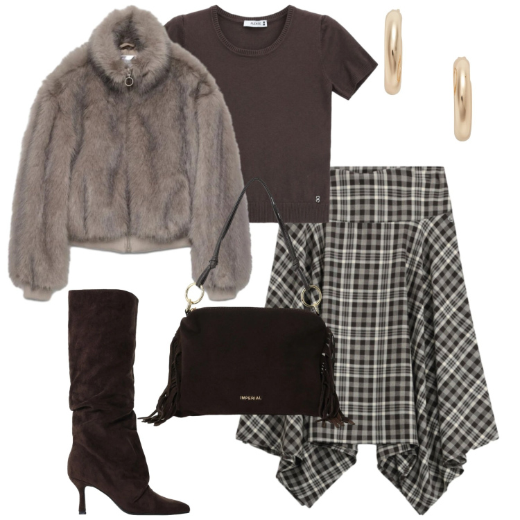 Outfit donna - Stilosa e glam nei toni del fango. Stile Glamour per Serata fuori. Abbinamento con stivali, borse a spalla, gonne longuette, t-shirt, orecchini, bomber.