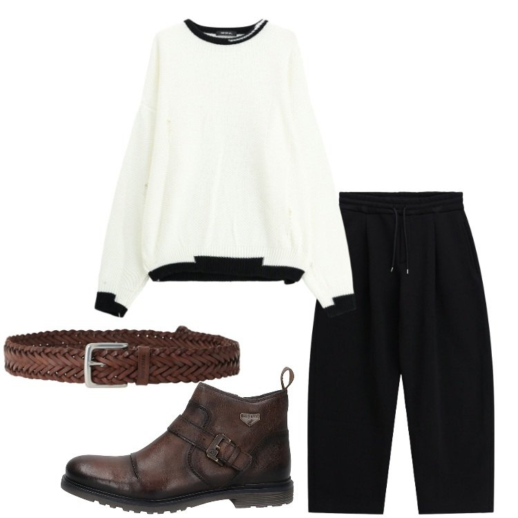 Outfit uomo - Maglione dettagli a contrasto. Stile Trendy per Serata speciale. Abbinamento con maglieria, pantaloni, cinture, stivali e stivaletti.