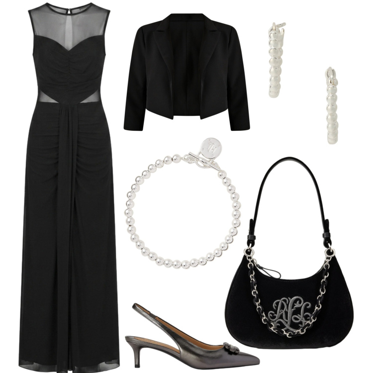 Outfit donna - L\'abito lungo ed il blazer corto. Stile Chic per Cerimonia. Abbinamento con vestiti lunghi, bolero, orecchini, braccialetti, décolleté, borse a spalla.