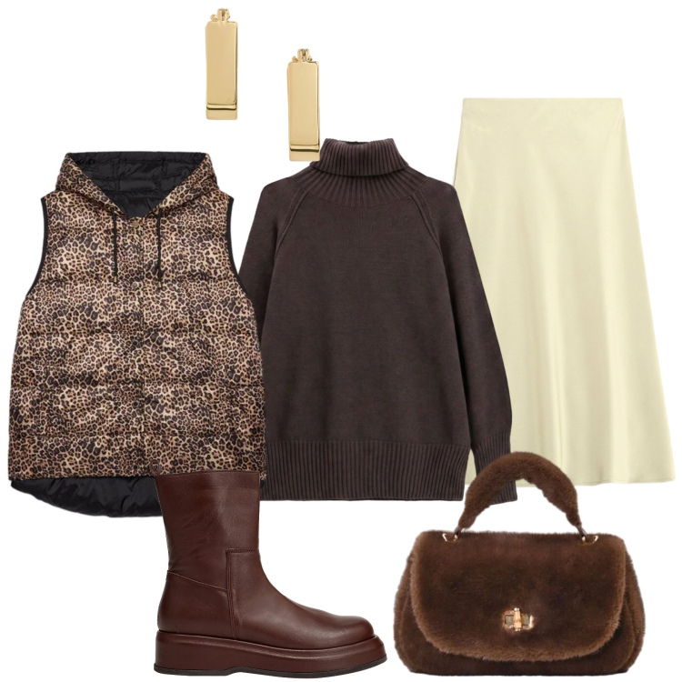 Outfit donna - Il confort incontra lo stile. Stile Casual chic per Tutti i giorni. Abbinamento con pullovers, gonne longuette, piumini, orecchini, borse a mano, stivaletti.