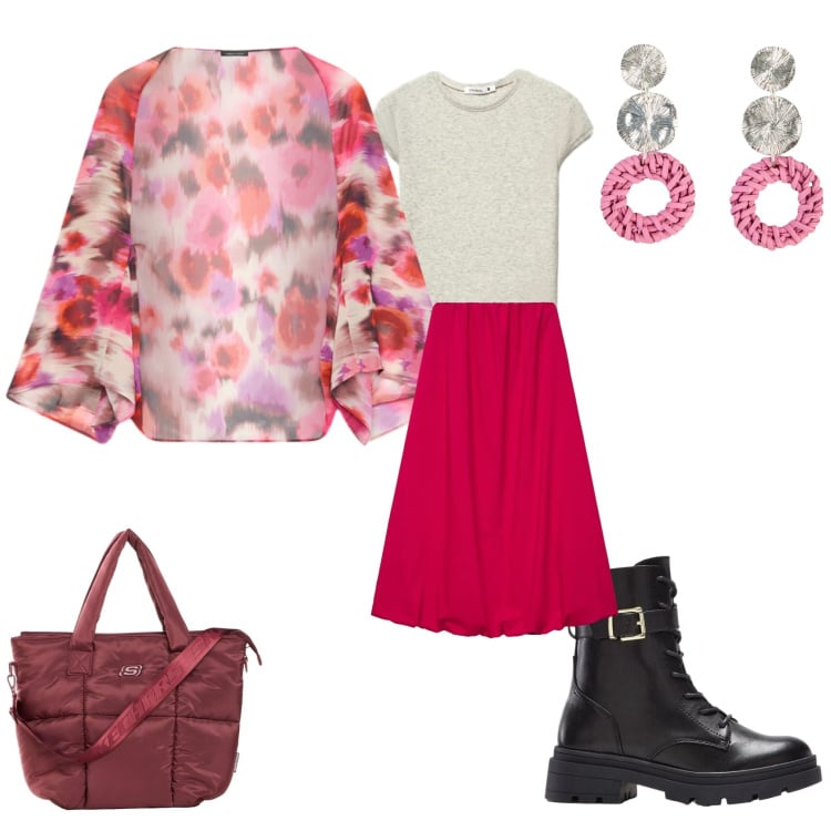 Outfit donna - Rosso rock. Stile Preppy per Tutti i giorni. Abbinamento con blazer, gonne lunghe, t-shirt, shopping bag, anfibi, orecchini.