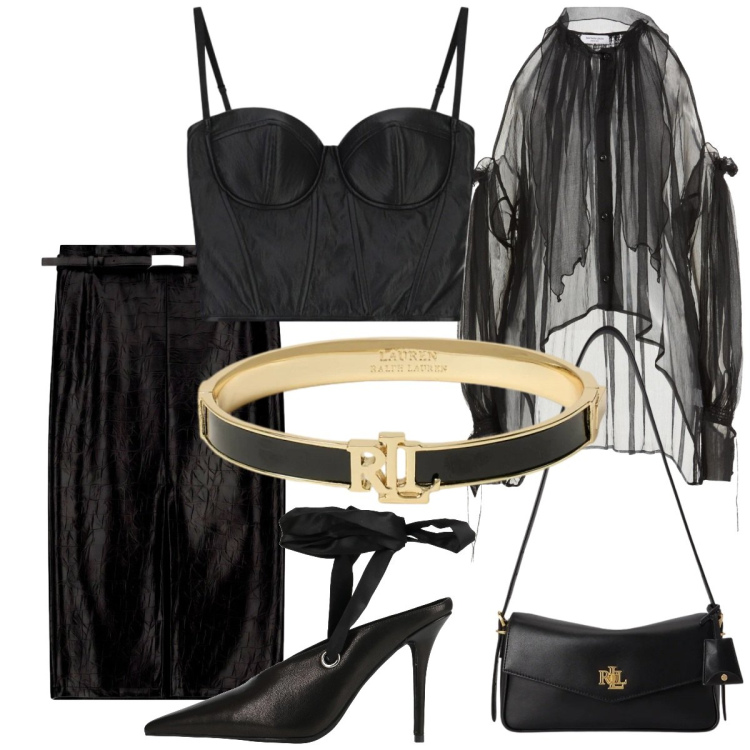 Outfit donna - Total black. Stile Basic per Serata fuori. Abbinamento con top, gonne longuette, braccialetti, borse a spalla, décolleté, camicie.