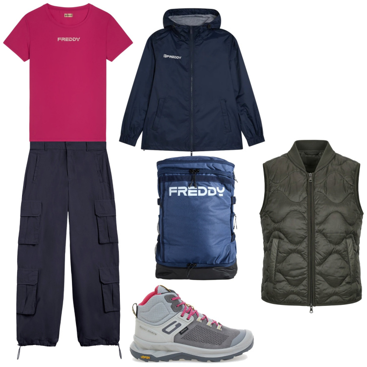 Outfit donna - Trekking. Stile Casual per Sport. Abbinamento con zaini, t-shirt, giacche sportive, pantaloni cargo, piumini, scarpe sportive.