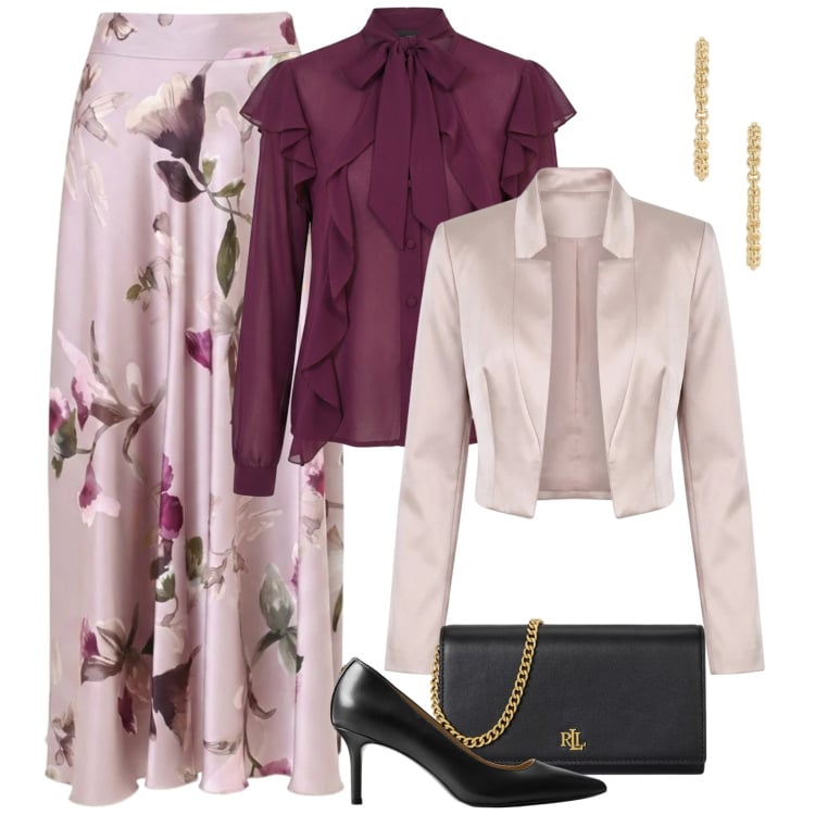 Outfit donna - La gonna floreale in seta. Stile Bon Ton per Cerimonia. Abbinamento con gonne lunghe, bolero, bluse, borse a tracolla, décolleté, orecchini.