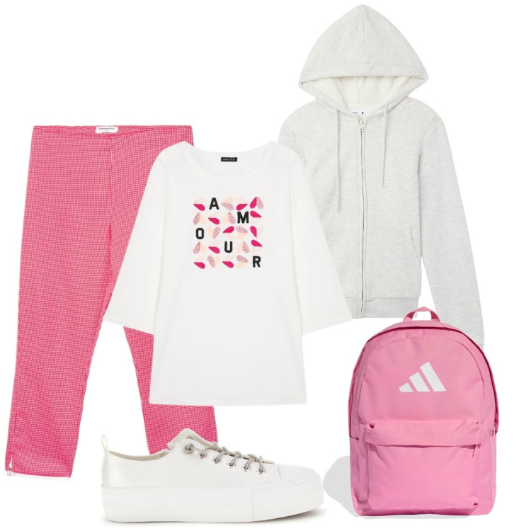 Outfit donna - Pomeriggio dopo scuola. Stile Basic per Scuola/Università. Abbinamento con t-shirt, pantaloni capri, felpe con cappuccio, zaini, sneakers.