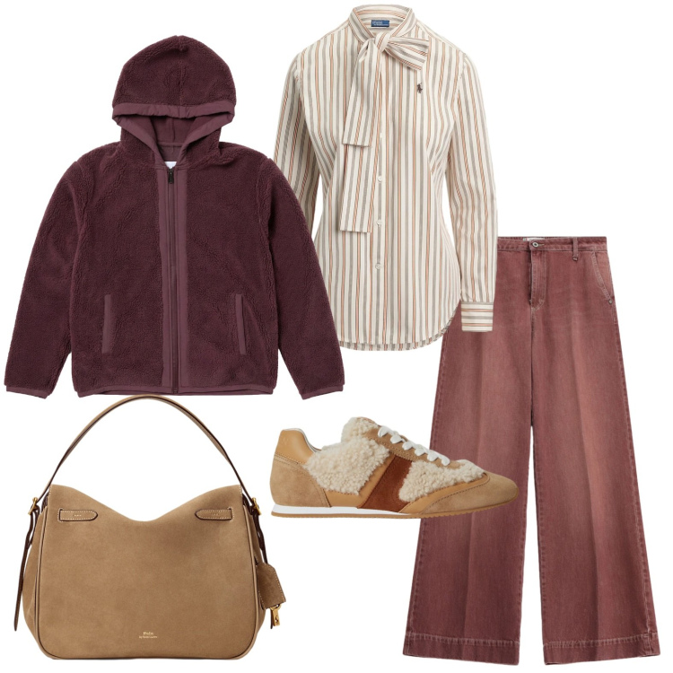 Outfit donna - Felpa e camicia con il fiocco. Stile Basic per Tutti i giorni. Abbinamento con jeans, blazer, borse a mano, sneakers, camicie.