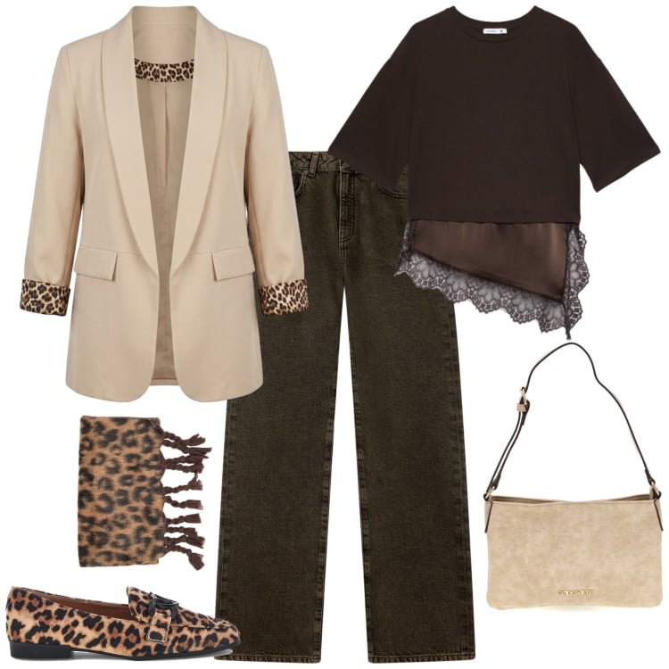 Outfit donna - Casual chic ufficio tempo libero. Stile Casual chic per Ufficio. Abbinamento con t-shirt, jeans dritti, blazer, sciarpe, mocassini, borse a tracolla.