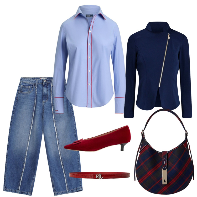 Outfit donna - Cena last minute con i colleghi. Stile Trendy per Ufficio. Abbinamento con borse a spalla, camicie, décolleté, cinture, jeans dritti, blazer.