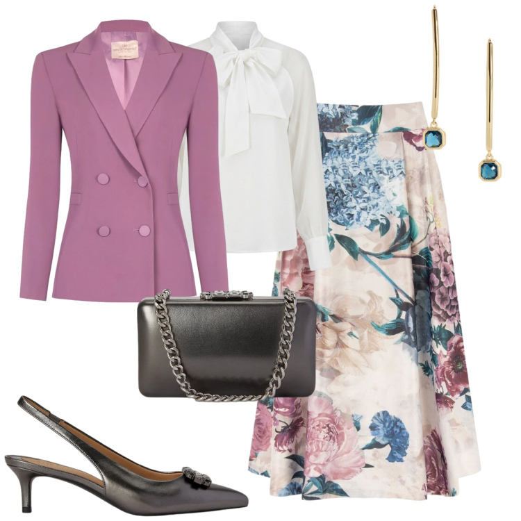 Outfit donna - Invito d'autunno. Stile Romantica per Cerimonia. Abbinamento con décolleté, clutch, orecchini, blazer, bluse, gonne longuette.