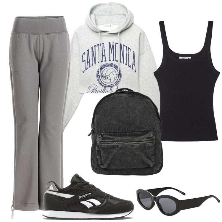Outfit donna - In tuta. Stile Basic per Tutti i giorni. Abbinamento con occhiali da sole, zaini, felpe con cappuccio, canottiere, sneakers, pantaloni.
