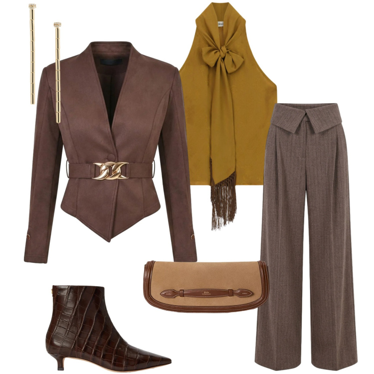 Outfit donna - Aperitivo in galleria. Stile Chic per Serata fuori. Abbinamento con stivaletti, clutch, orecchini, pantaloni a palazzo, blazer, top.