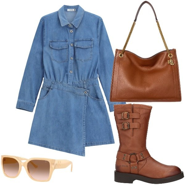 Outfit donna - Denim love. Stile Urban per Scuola/Università. Abbinamento con stivali, vestiti asimmetrici, occhiali da sole, borse tote.