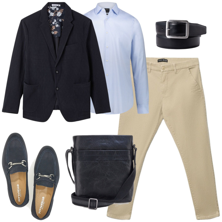 Outfit uomo - Smart casual in ufficio. Stile Business/Elegante per Tutti i giorni. Abbinamento con camicie, cinture, pantaloni chino, giacche, scarpe stringate, borse sportive.