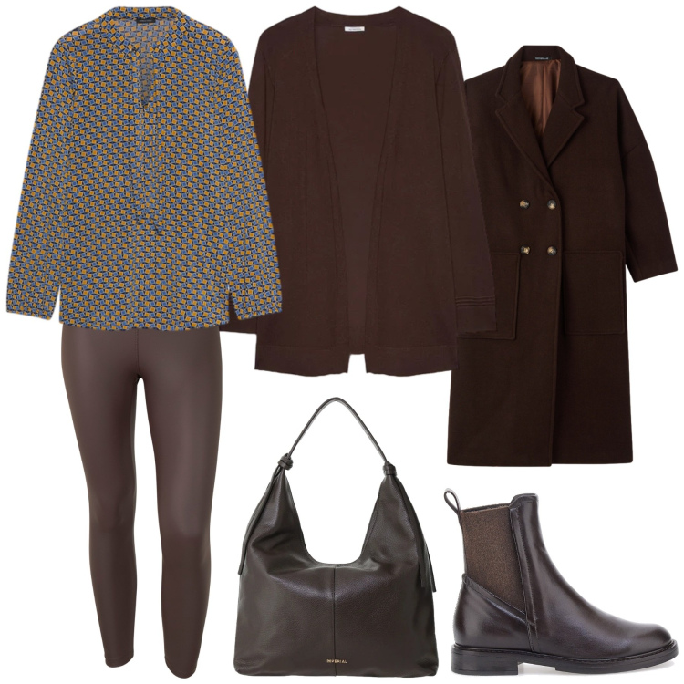 Outfit donna - Passione marrone. Stile Casual per Tutti i giorni. Abbinamento con bluse, cardigans, leggings, borse a spalla, cappotti, stivaletti chelsea.