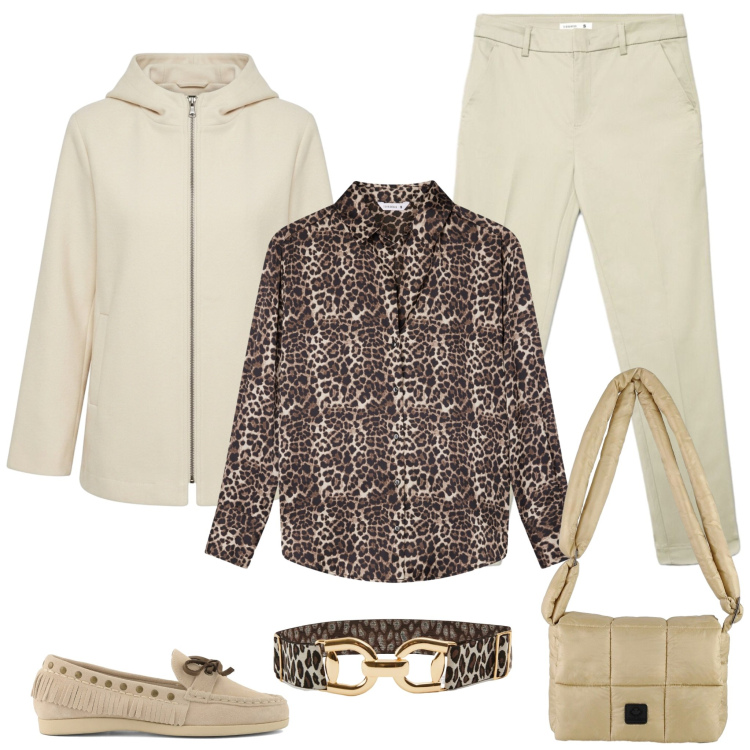 Outfit donna - Animalier, casual-chic autunnale. Stile Casual per Tutti i giorni. Abbinamento con cinture, camicie, pantaloni skinny, cappotti, borse a spalla, mocassini.
