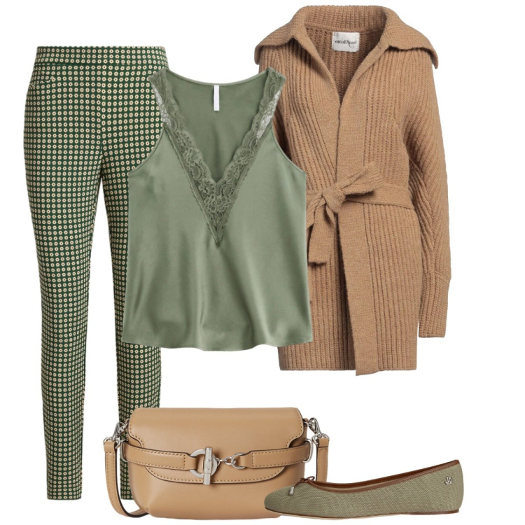 Outfit donna - Verde. Stile Basic per Tutti i giorni. Abbinamento con cardigans, canottiere, ballerine, borse a tracolla, pantaloni.