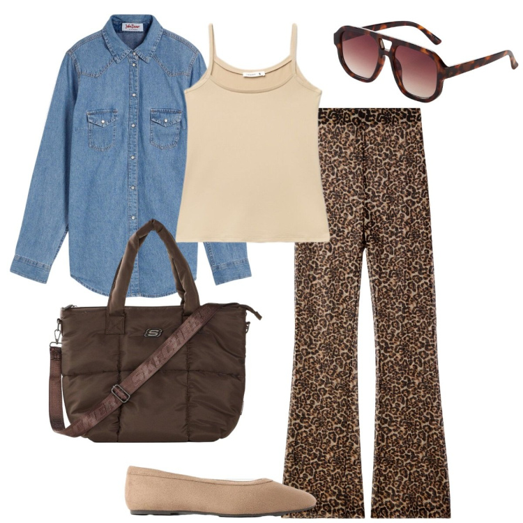 Outfit donna - Con la camicia di jeans. Stile Basic per Tutti i giorni. Abbinamento con canottiere, pantaloni, ballerine, shopping bag, camicie, occhiali da sole.