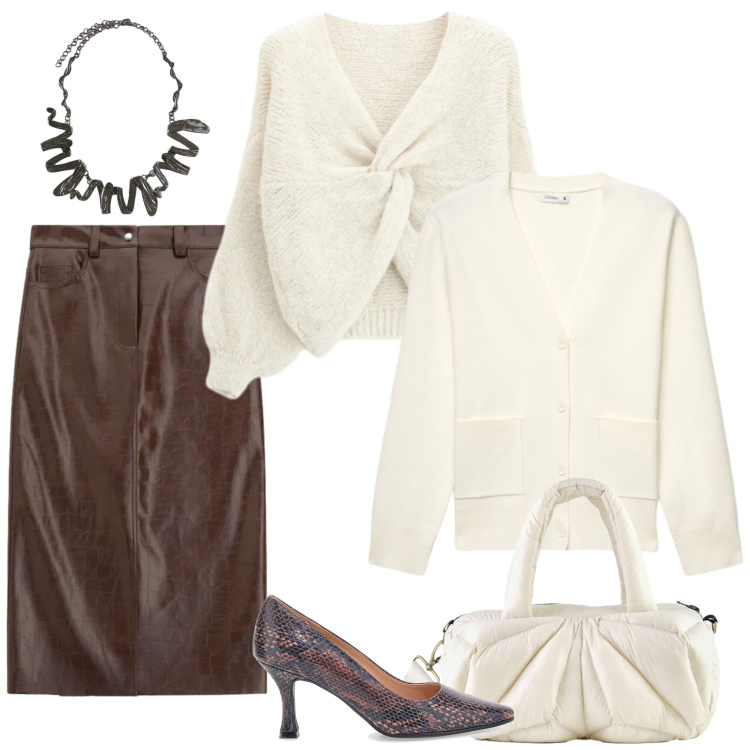 Outfit donna - In ufficio con la gonna in similpelle. Stile Chic per Ufficio. Abbinamento con cardigans, maglieria, gonne longuette, ciondoli, borse a mano, décolleté.