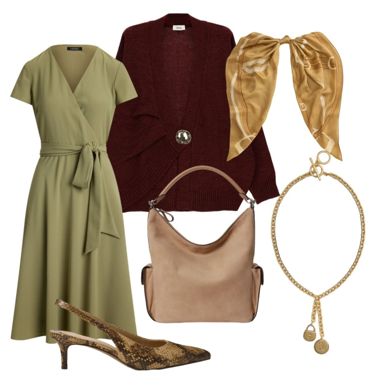Outfit donna - L\'abito verde. Stile Basic per Tutti i giorni. Abbinamento con cardigans, décolleté, borse a spalla, ciondoli, vestiti, foulard.
