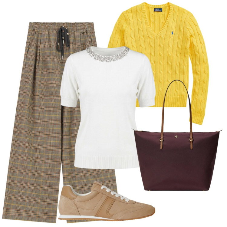 Outfit donna - Il pullover giallo. Stile Basic per Tutti i giorni. Abbinamento con t-shirt, pantaloni a palazzo, borse tote, maglieria, sneakers.