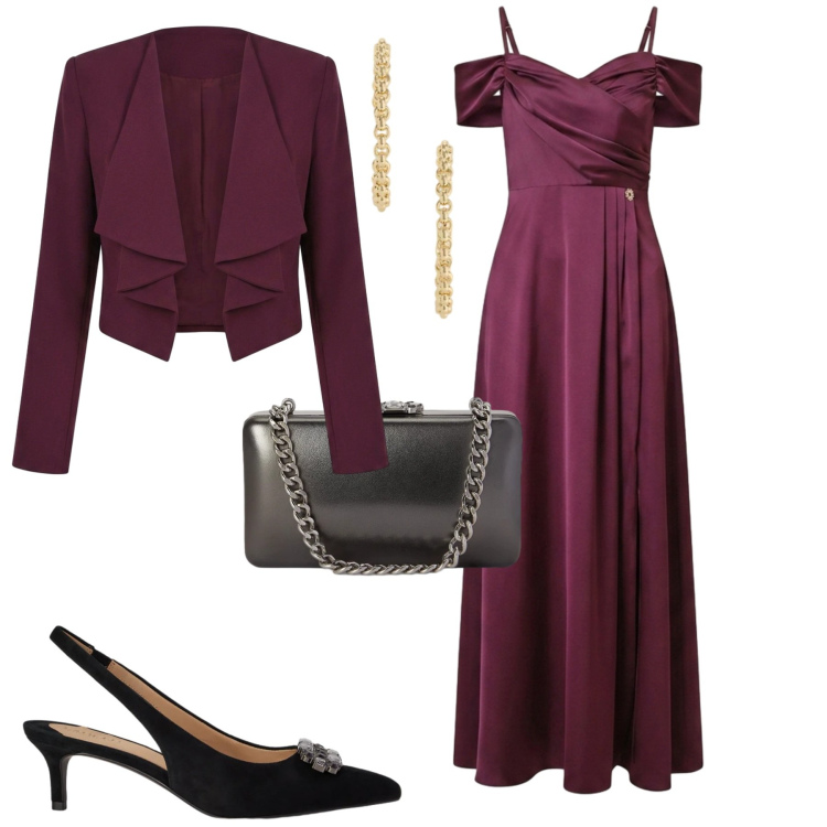 Outfit donna - Invito d\'autunno. Stile Chic per Cerimonia. Abbinamento con vestiti lunghi, blazer, clutch, décolleté, orecchini.